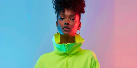 Sticker - Portrait of young Black woman in bright neon clothes under fluorescent lights. Concept Portrait Photography, Neon Fashion, African American Woman, Fluorescent Lighting