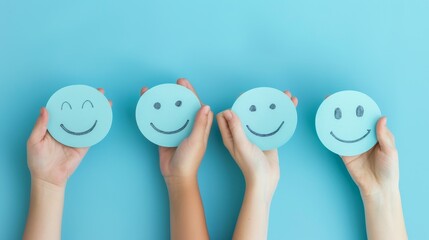 The hands hold up a smiling blue face with good feedback, positive customer reviews, customer satisfaction survey, mental health, child wellness, and world mental health day.