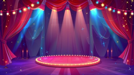 Poster - Stage with a cartoon circus scene on a modern background. Carnival arena with red vintage curtains. Illustrated circus round scene festival. Stage with neon lights and marquee.