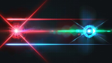 Wall Mural - Laser lights isolated on transparent background. Illustration of neon red, green, and blue energy rays. Futuristic weapon. Magic flash.