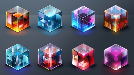 Poster - A modern graphic design set with 3D color glass cube boxes in blue, red, orange, and purple colors. Abstract cool clear shiny geometric objects isolated on a transparent background.