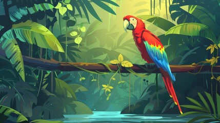 Forest landscape with river and parrot sitting on branch. Cartoon illustration of jungle wood with green plants and flowers, liana vines on old trees. Background for adventure games.