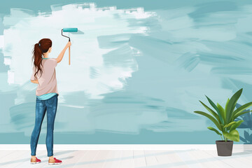 Woman painting interior wall with paint roller in new house, simple modern flat design illustration