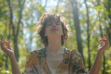 Female meditating peacefully in forest at sunrise.