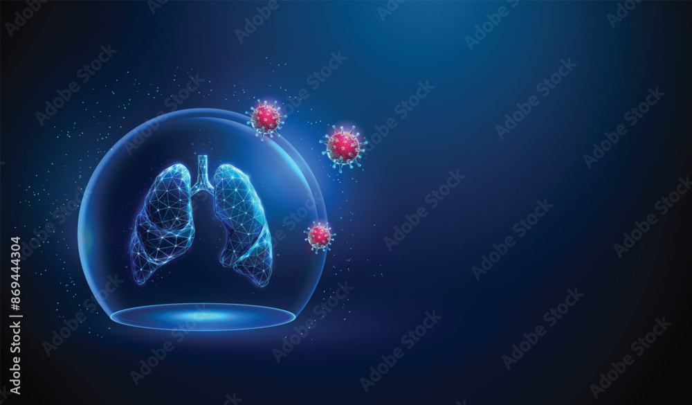 Abstract blue human lungs inside a glass dome and red viruses outside ...
