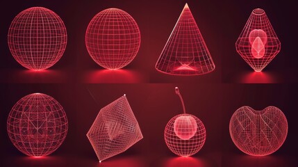 Poster - Isolated red wireframe shapes set on a background. 3D grid geometric icons, y2k mesh globe, heart, cherry, star, cone, landscape structure design, cyber space objects.