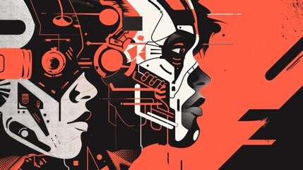 Poster - Design template in 00s aesthetic with abstract shapes and patterns on grey background. Poster in trending y2k style with wireframe elements and typography.