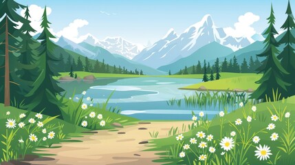 Wall Mural - Forest with lake and mountains in the summer. Path leading to pond or river in woodland with green trees and bushes, grass and daisies near snowy mountains.