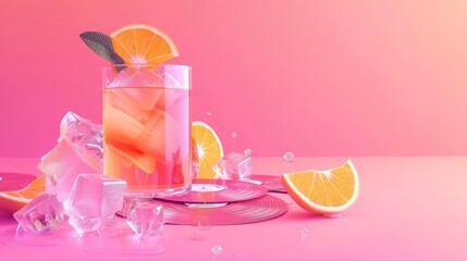 Poster - This template shows a cocktail in a glass, vinyl records and orange slices in bright neon acid pink. The 2000s aesthetic banner layout includes drink and music elements as well as text boxes.