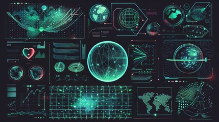Poster - An illustration of retrowave posters with neon green wireframe torus, globe, heart and text frames on black background. These posters make the recipient feel retro and futuristic.