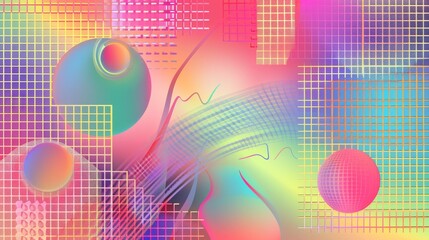 Poster - An abstract geometric shape on a simple gradient background, in y2k retro style, on a poster layout. A modern set of banner composition templates with a wireframe 3D figure on the banner.