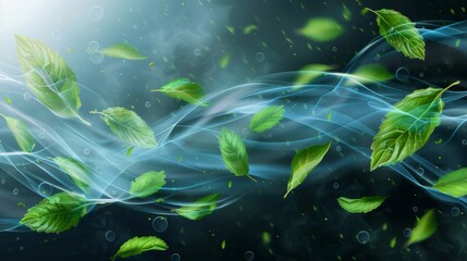 Air swirls and waves of blue wind with floating green leaves. Fresh wind motion on transparent background with mint leaves.