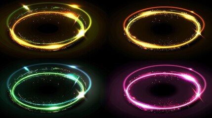 Canvas Print - Halo light effects isolated on transparent background. Modern realistic illustration of neon yellow, green, pink rings glowing in darkness, round energy swirling in cloud of gas.