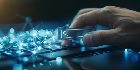 Poster - Hand typing on keyboard with search icon and cyber network connections, representing modern technology