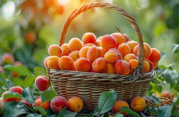 Wall Mural - A basket full of ripe peaches hanging from a tree. The basket is filled with many peaches, some of which are still green