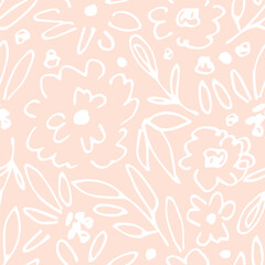 Wall Mural - Simple floral vector seamless pattern. White outline of flowers, leaves on a light pink background. For fabric prints, textiles, packaging.