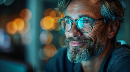 Poster - mature man with glasses looking at a screen at night