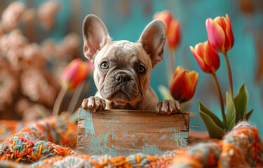 A cute dog is standing in front of a wooden box with a sign on it