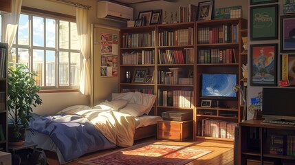 Wall Mural - A bedroom with a bed, a television, and a large bookcase. Anime background