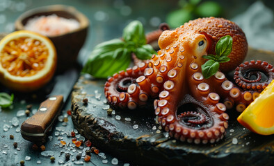 Wall Mural - A large octopus is sitting on a plate with a slice of orange and some herbs