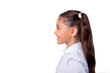 © deagreez - Snap shot, profile side view of nice cute cheerful adorable lovely stylish little small girl with curly ponytails in white formal blouse shirt. Isolated over grey background