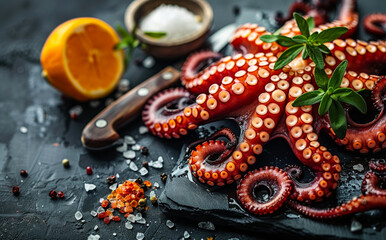 Wall Mural - A large, red octopus is on a black table with a knife and a bowl of salt