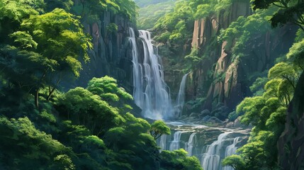 Wall Mural - A waterfall is flowing into a river in a lush green forest. Anime background