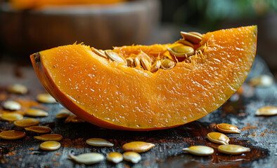 Wall Mural - A slice of orange with seeds on a table