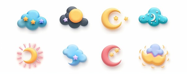 Wall Mural - Colorful 3D soft UI weather icons set including sun, clouds, moon, and rain. Ideal for apps, websites, and weather-related designs.