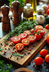 Wall Mural - A wooden cutting board with a variety of vegetables including tomatoes, garlic, and herbs.