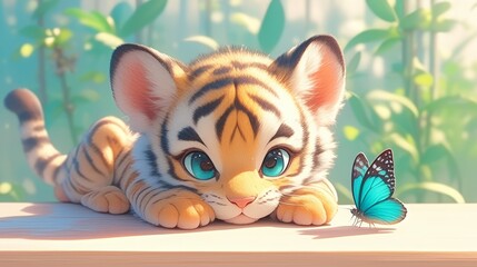 Cute baby tiger cub with blue eyes and butterfly, adorable wildlife art