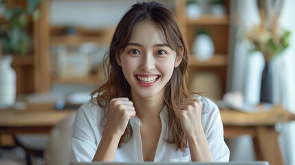 Poster - Smiling Woman Celebrating Success at Home Office
