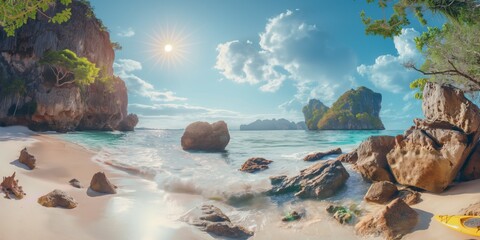 Wall Mural - An idyllic seascape featuring turquoise waters, rocky cliffs, and a sandy beach under clear skies.