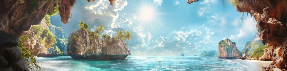 A tranquil tropical coastline with rocky shores, palm trees, and a calm ocean under a bright sky.