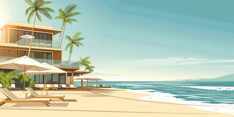 Wall Mural - An illustration of a tranquil beachfront resort with palm trees, overlooking a serene ocean under a sunny sky.