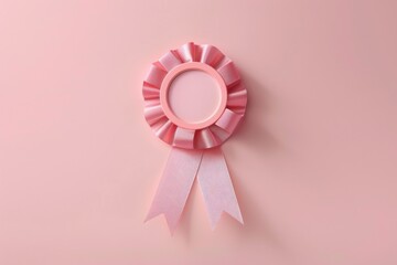 a blank pink rosette with white ribbon on a pale pink background.
