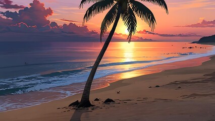 Sticker - Peaceful Tropical Sunset with Palm Tree on Beach and Ocean Waves. Sunset Beach Landscape.