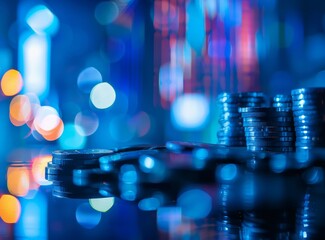 Poster - On a background of technology financial graph, there are piles of coins.