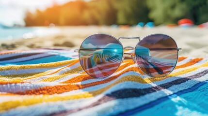 Cool sunglasses on beach towel, summer accessory