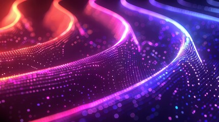 Wall Mural - Vibrant neon light waves with glowing particles creating a futuristic digital landscape. Perfect for tech, design, and modern backgrounds.
