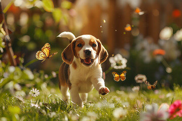 Wall Mural - A joyful beagle puppy runs in a garden surrounded by blooming flowers and butterflies. The vibrant scene captures the playful nature of the puppy in a sunny, lively garden.