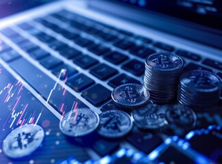 Poster - Technology financial graph background with laptop keyboard.