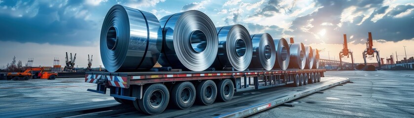 Steel coils on a flatbed truck in an industrial shipping yard at sunset, showcasing heavy industry and transportation logistics.