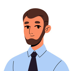 Poster - Adult business man with tie avatar. Male face with beard for user profile. Portrait of person in shirt. Happy office worker, employee head. Flat isolated vector illustration on white background