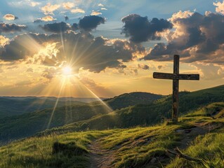 Wall Mural - weathered wooden cross silhouetted against a golden sunset standing atop rolling green hills rays of light breaking through dramatic clouds creating a spiritual atmosphere