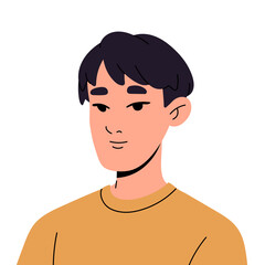 Poster - Portrait of Asian person in casual clothes. Happy young man avatar. Male face, head of Chinese, Korean, Japanese nationality for user profile. Flat isolated vector illustration on white background