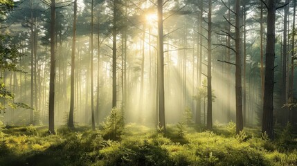 Wall Mural - serene pine forest sunlight filtering through branches misty morning atmosphere