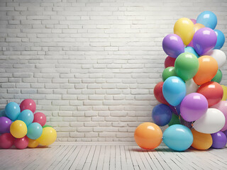 Rainbow balloons on an old white brick wall