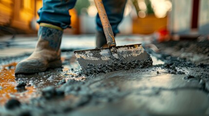 a detailed shot of a technician using a trowel to smooth out a concrete patch on a driveway ensuring