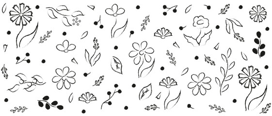 Line stoke doodle hand drawn Flowers seamless pattern. Scribble floral plant ornament isolated white. Brush stroke flowers set. Charcoal vector illustration can used textile print, cloth decor. EPS 10